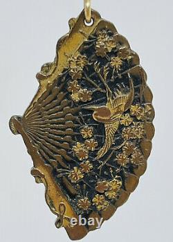 Antique Japanese Shakudo 14k Gold Mixed Metal Crane Floral Fan Dangle Earrings
