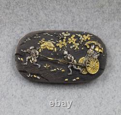 Antique Japanese Shakudo Gold & Mixed Metal Rickshaw Scene Oval Pin or Brooch