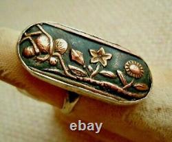 Antique Japanese Shakudo Kashira Sword Ring Flower Cricket  Ring, Size 6