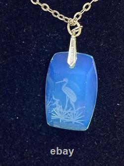 Antique Japanese Silver Intaglio Heron Opaline Crystal Glass Pendant Necklace