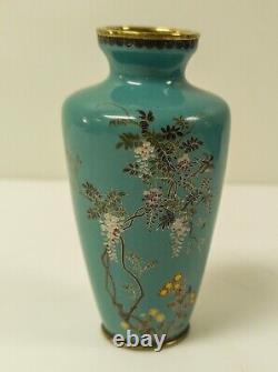 Antique Japanese Silver Wire Cloisonne Vase Wisteria Sparrow Flowers Fine