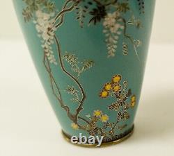 Antique Japanese Silver Wire Cloisonne Vase Wisteria Sparrow Flowers Fine