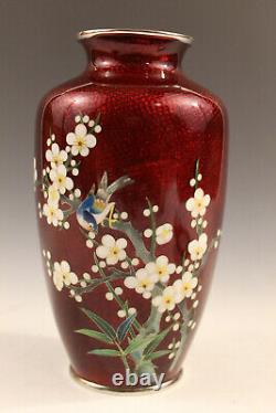 Antique Japanese fine red cloisonne vase, floral and bird decoration