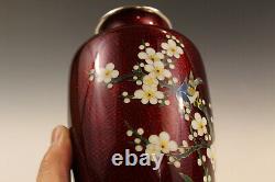 Antique Japanese fine red cloisonne vase, floral and bird decoration