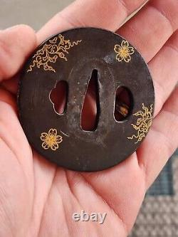 Antique Japanese iron tsuba with very nice fine gold inlay. Edo era