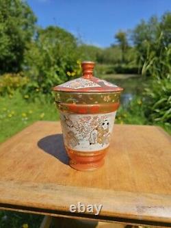 Antique Meiji 19th Century Japanese Kutani Lidded Pottery Jar Finely Detailed