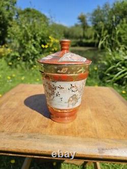 Antique Meiji 19th Century Japanese Kutani Lidded Pottery Jar Finely Detailed