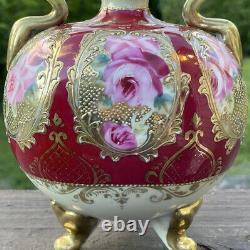 Antique Meiji Era Japanese Nippon FINE Porcelain Pink Enamel Gilt Rose Vase