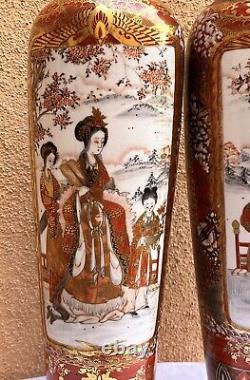 Antique Meiji Japan Mirrored Pair Kutani Vases 17.5 Fine Artwork Maidens, Birds