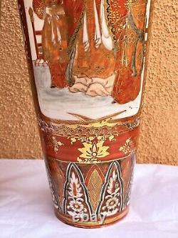 Antique Meiji Japan Mirrored Pair Kutani Vases 17.5 Fine Artwork Maidens, Birds