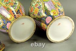 ^Antique Meiji Japanese Hand Painted FINE Porcelain Pair Lidded Urns Temple Jars