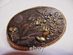 Antique Meiji Japanese Shakudo &14K GOLD PIN BROOCH 18 GRAMS