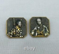 Antique Meiji Japanese Shakudo Brooch Pins Geisha Samurai Mixed Metal Signed