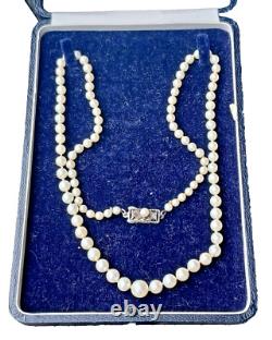 Antique Mikimoto Graduating Japanese Akoya Pearl Necklace Sterling Clasp in Box