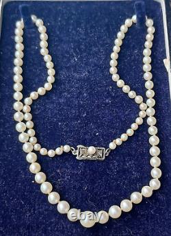 Antique Mikimoto Graduating Japanese Akoya Pearl Necklace Sterling Clasp in Box