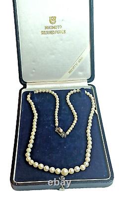 Antique Mikimoto Graduating Japanese Akoya Pearl Necklace Sterling Clasp in Box