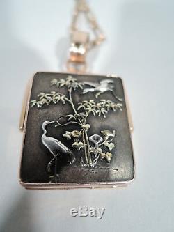 Antique Necklace Meiji Crane & Lily Locket Pendant Japanese Shakudo & Gold