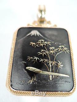 Antique Necklace Meiji Mount Fuji & Peacock Locket Pendant Japanese Shakudo
