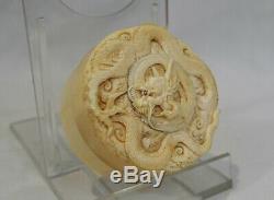 Antique Oriental Japanese Bovine Bone Pot & Lid finely carved dragon