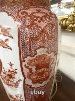 Antique Pair fine 19th c Japanese Satsuma porcelain lamps lighting Salmon color