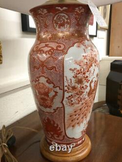 Antique Pair fine 19th c Japanese Satsuma porcelain lamps lighting Salmon color