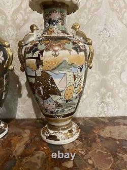 Antique Pair of Vase Fine Satsuma Signed Japanese 31cm