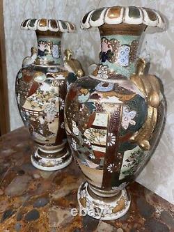 Antique Pair of Vase Fine Satsuma Signed Japanese 31cm