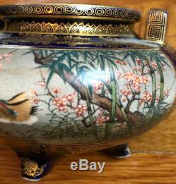 Antique Period Very Fine Satsuma Vase Handles Trees Flowers Birds Cobalt Gold