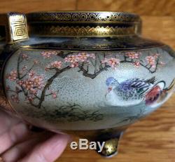 Antique Period Very Fine Satsuma Vase Handles Trees Flowers Birds Cobalt Gold