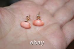 Antique Quality Rare Red Salmon Momo Japanese 11 MM Oval Coral Stud Earrings Bb