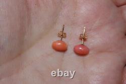 Antique Quality Rare Red Salmon Momo Japanese 9 MM Oval Coral Stud Earrings CC