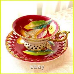 Antique Saji Double reticulated Japanese cup and saucer vivid floral fine China