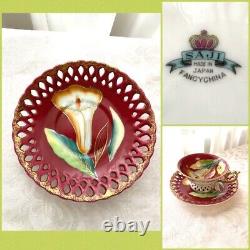 Antique Saji Double reticulated Japanese cup and saucer vivid floral fine China