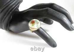 Antique Style Japanese Satsuma Water Lily Button Ring Gilt Sterling Silver Sz 8