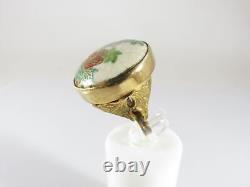 Antique Style Japanese Satsuma Water Lily Button Ring Gilt Sterling Silver Sz 8