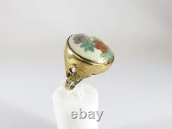 Antique Style Japanese Satsuma Water Lily Button Ring Gilt Sterling Silver Sz 8