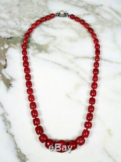 Antique Victorian Blood Red Japanese Aka Coral Necklace Palladium Diamond Clasp