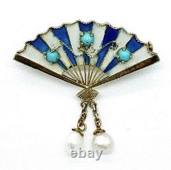 Antique Victorian Japanese Aesthetic Sterling Silver Enamel Fan Brooch Pendant