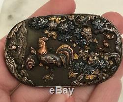 Antique Victorian Japanese SHAKUDO Mixed Metal Brooch Pin with Spider & Roosters