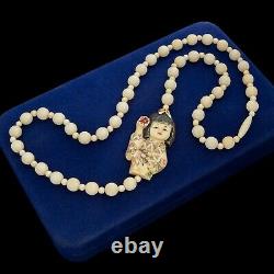 Antique Vintage Deco Japanese Resin Carved Geisha Netsuke Bead Necklace 32.1g