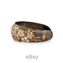 Antique Vintage Deco Sterling Silver Gold Japanese Floral Flower Cuff Bracelet