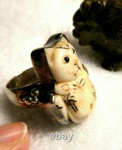 Antique Vintage Rare Signed Japanese Carved Netsuke Cat Kitten Sterling 925 Ring
