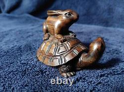 Antique Vintage (VGC) Signed Artist 5cm Hare on Tortoise Fine Quality Japanese