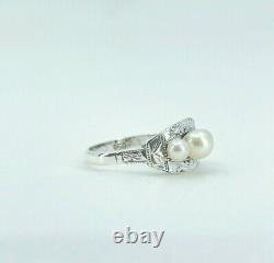 Art Deco Japanese Saltwater Akoya Cultured Pearl Sterling Silver Ring SZ 6
