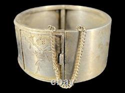 Asian Antique Japanese Silver Aesthetic Birds Scene Hinged Bangle Bracelet