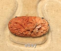 Beautiful Antique Japanese Carved Coral Flowers & Silver Pin Brooch
