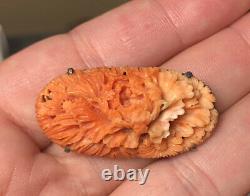 Beautiful Antique Japanese Carved Coral Flowers & Silver Pin Brooch