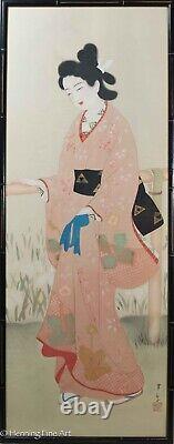 Beautiful Antique Japanese Silk Painting of Geisha in Pink Signed & FINE