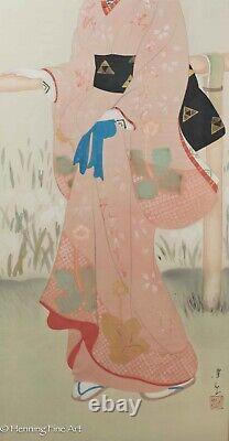 Beautiful Antique Japanese Silk Painting of Geisha in Pink Signed & FINE