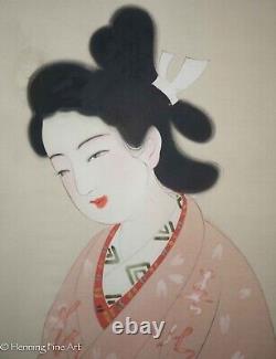 Beautiful Antique Japanese Silk Painting of Geisha in Pink Signed & FINE